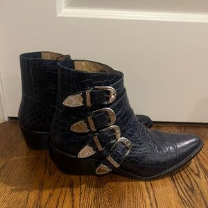EUC TOGA Pulla Multi Silver Buckle Navy Croc Leather Booties in Size 39